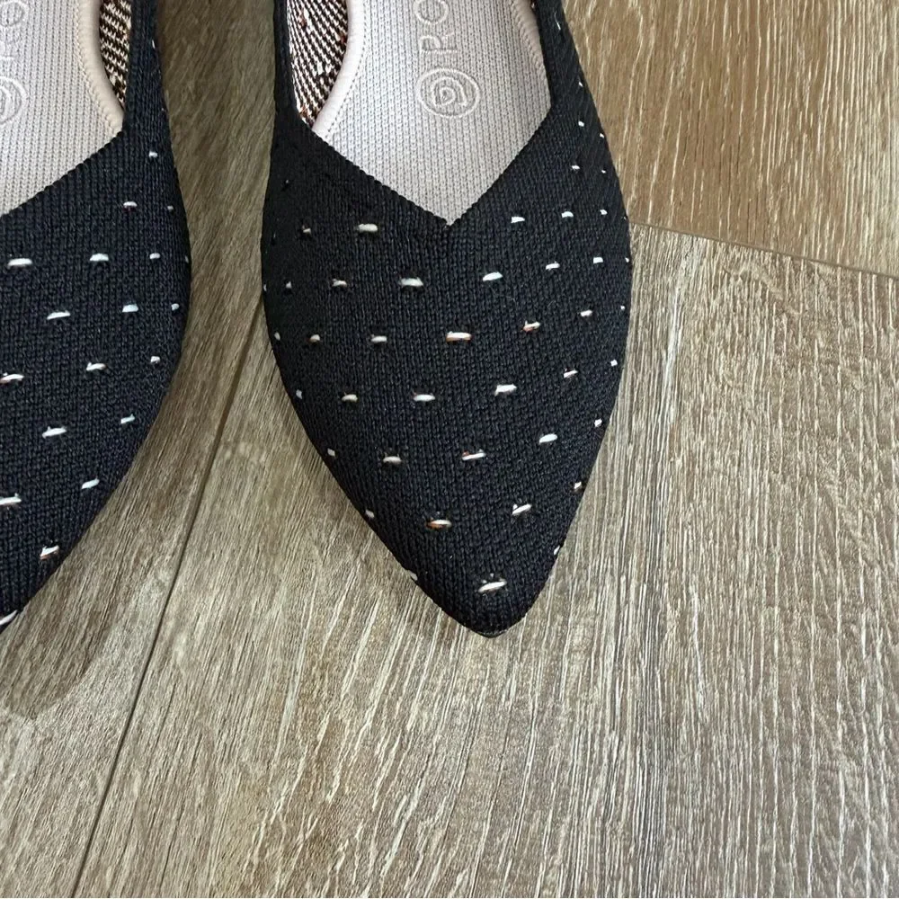 Rothy's RETIRED The Point Ivory Polka Dot Black Knit Ballet Flats Shoes Size 7